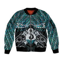 New Zealand Maori Sleeve Zip Bomber Jacket Poutama Pikorua - Single Twist Paua Shell LT05 Unisex Turquoise - Polynesian Pride