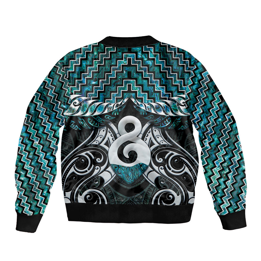 New Zealand Maori Sleeve Zip Bomber Jacket Poutama Pikorua - Single Twist Paua Shell LT05 - Polynesian Pride