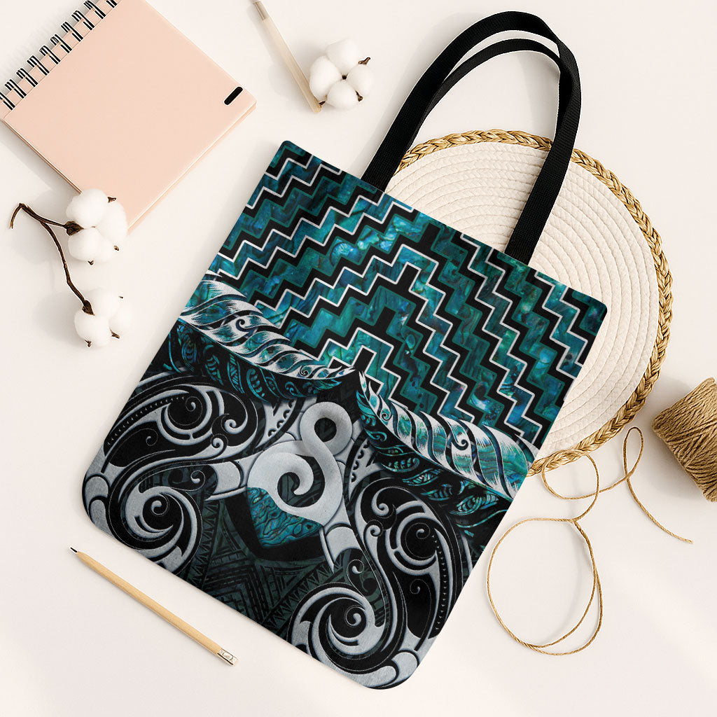 New Zealand Maori Tote Bag Poutama Pikorua - Single Twist Paua Shell LT05 Black Strap One Size Turquoise - Polynesian Pride