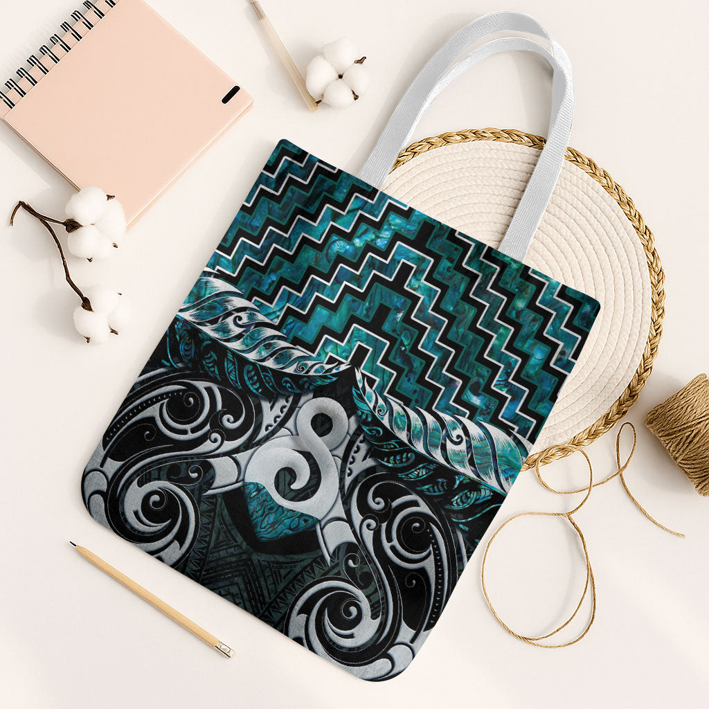 New Zealand Maori Tote Bag Poutama Pikorua - Single Twist Paua Shell LT05 White Strap One Size Turquoise - Polynesian Pride
