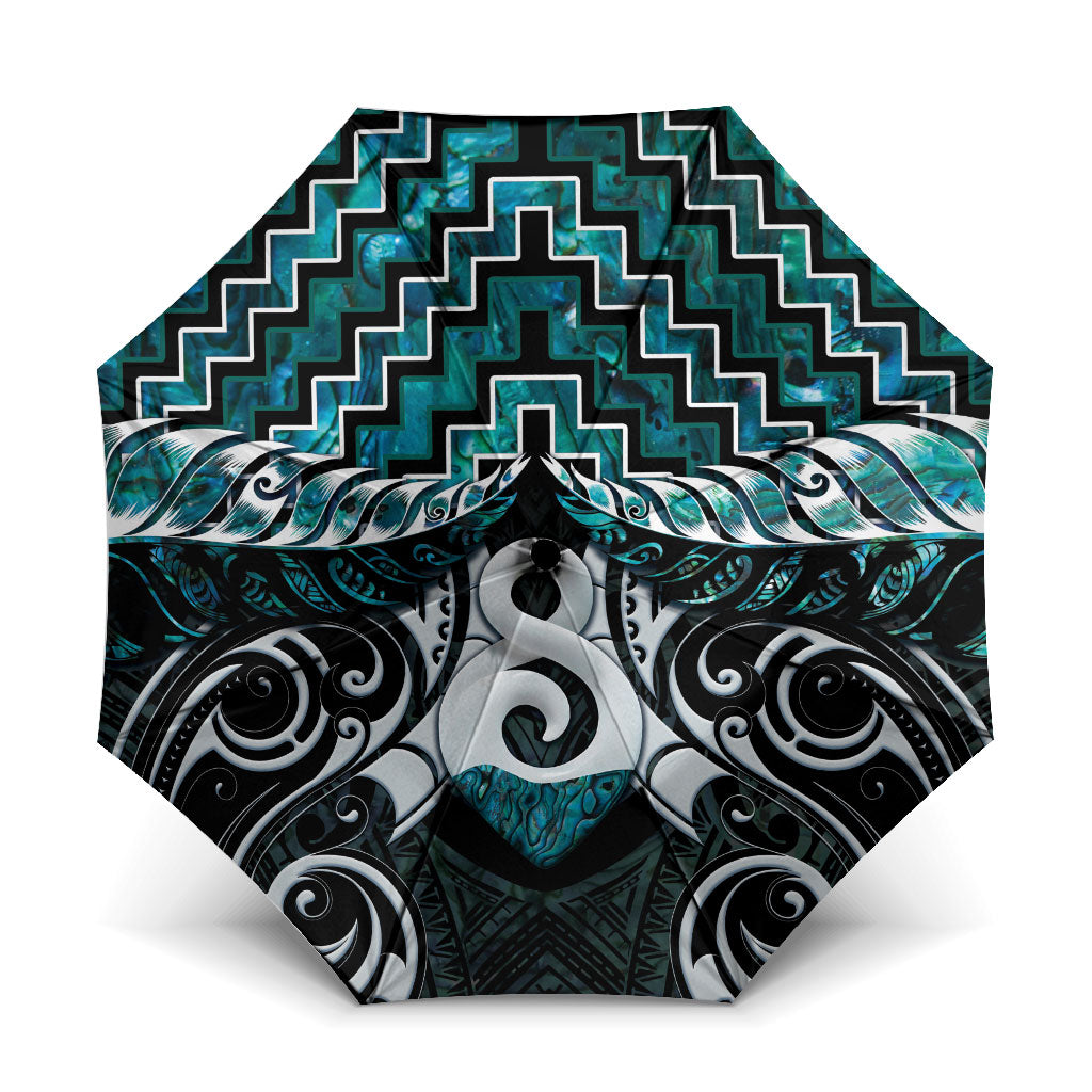 New Zealand Maori Umbrella Poutama Pikorua - Single Twist Paua Shell LT05 One Size Folded 11.42 inch Opened Diameter 37.4 inch Turquoise - Polynesian Pride
