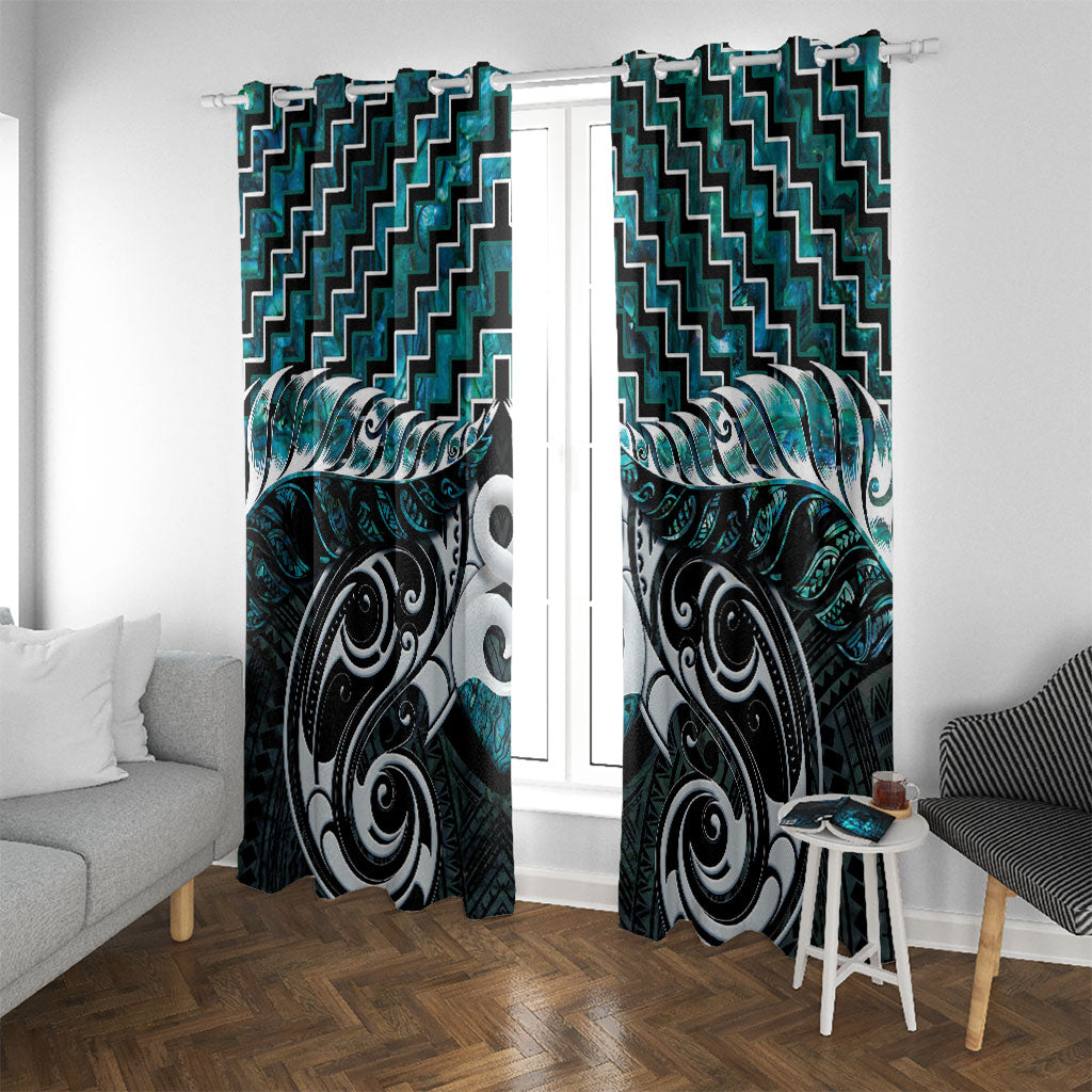New Zealand Maori Window Curtain Poutama Pikorua - Single Twist Paua Shell LT05 With Grommets Turquoise - Polynesian Pride