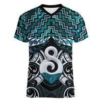 New Zealand Maori Women V-Neck T-Shirt Poutama Pikorua - Single Twist Paua Shell LT05 Female Turquoise - Polynesian Pride