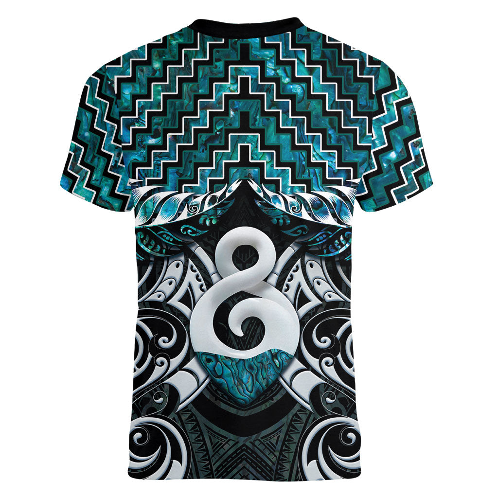 New Zealand Maori Women V-Neck T-Shirt Poutama Pikorua - Single Twist Paua Shell LT05 - Polynesian Pride