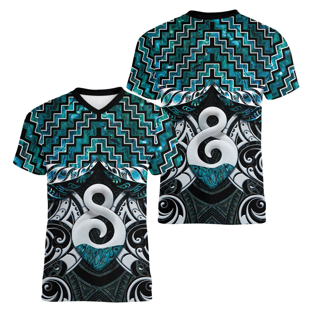 New Zealand Maori Women V-Neck T-Shirt Poutama Pikorua - Single Twist Paua Shell LT05 - Polynesian Pride