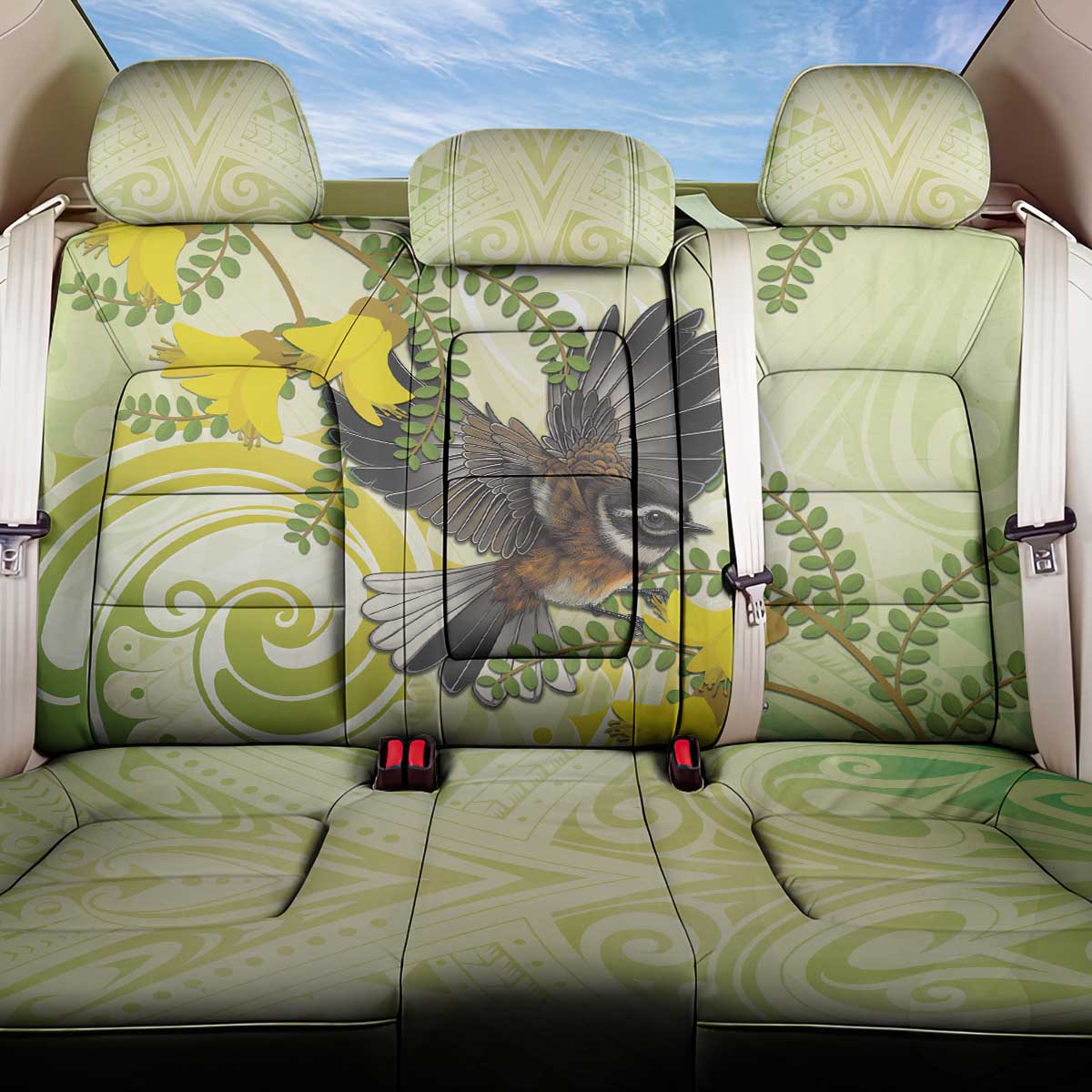 New Zealand Piwakawaka Fantail Bird Back Car Seat Cover With Kowhai Flowers