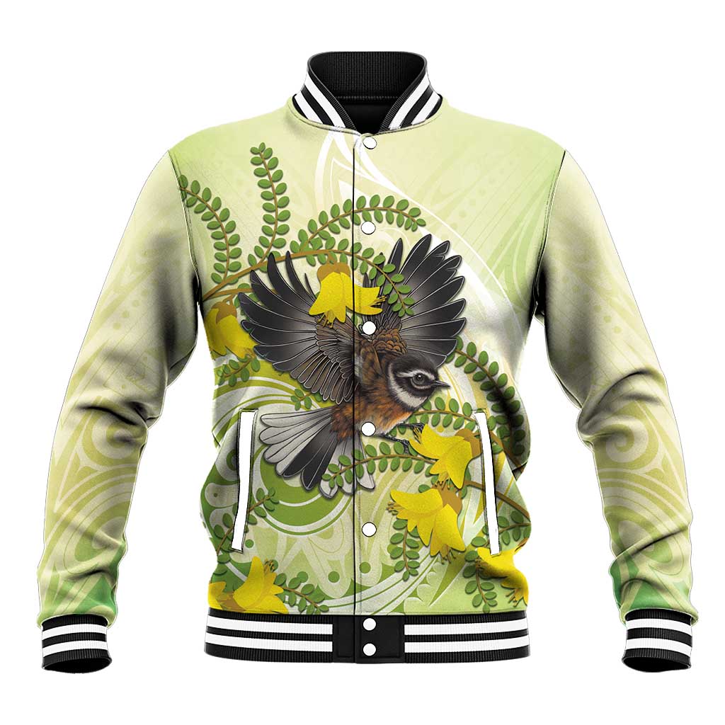 New Zealand Piwakawaka Fantail Bird Baseball Jacket With Kowhai Flowers LT05 Unisex Green - Polynesian Pride