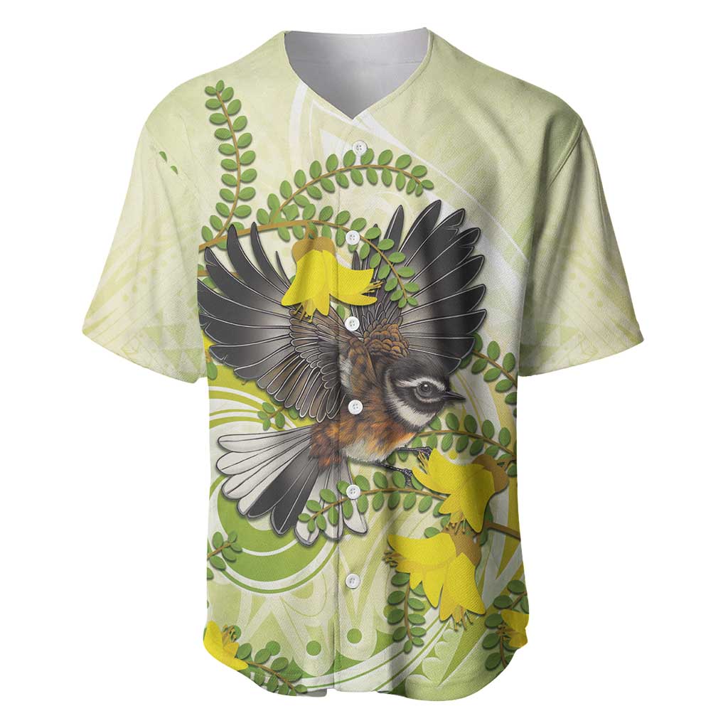 New Zealand Piwakawaka Fantail Bird Baseball Jersey With Kowhai Flowers