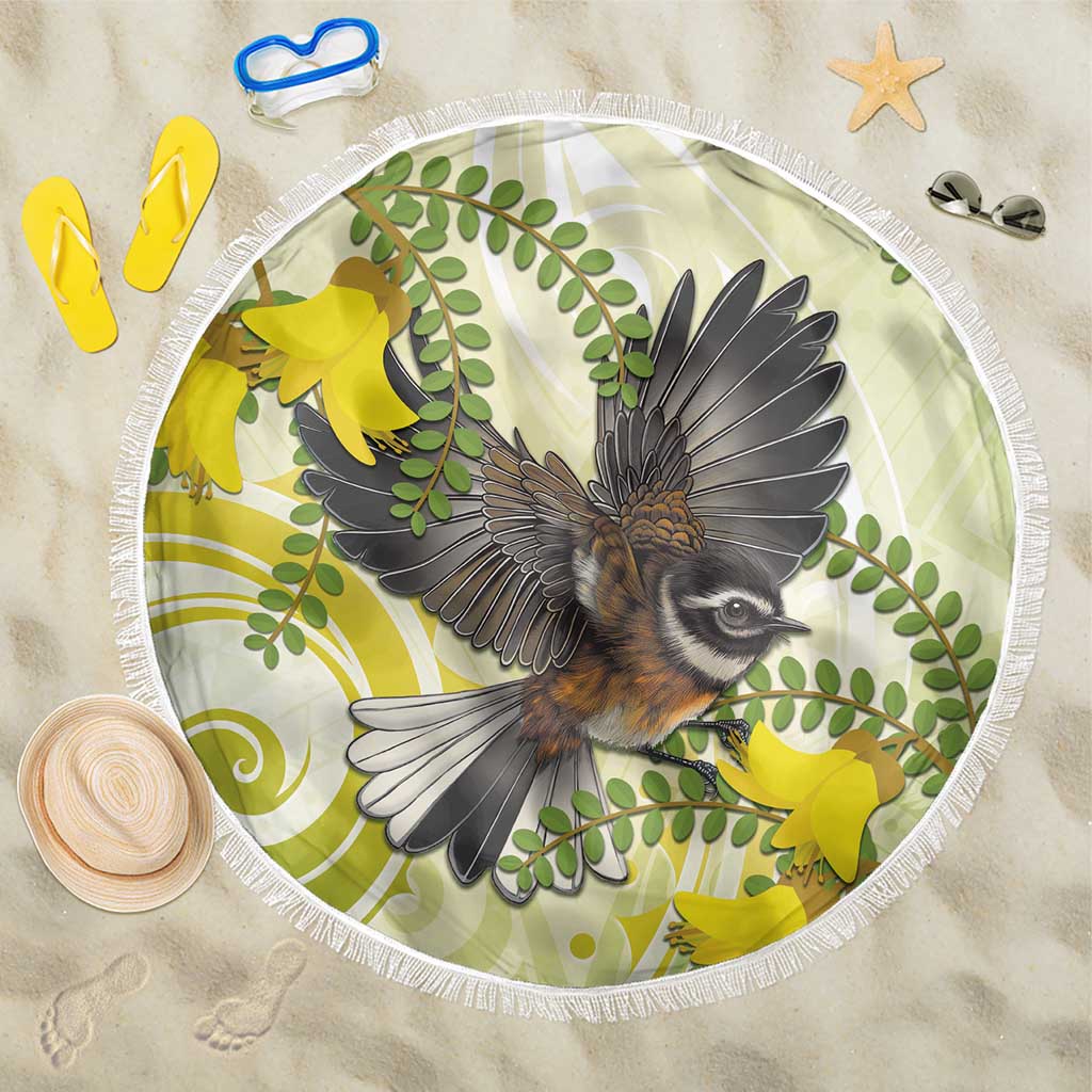 New Zealand Piwakawaka Fantail Bird Beach Blanket With Kowhai Flowers