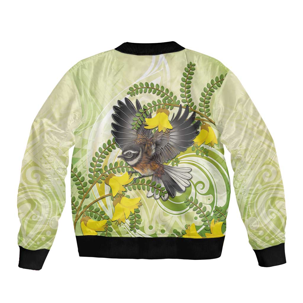 New Zealand Piwakawaka Fantail Bird Bomber Jacket With Kowhai Flowers