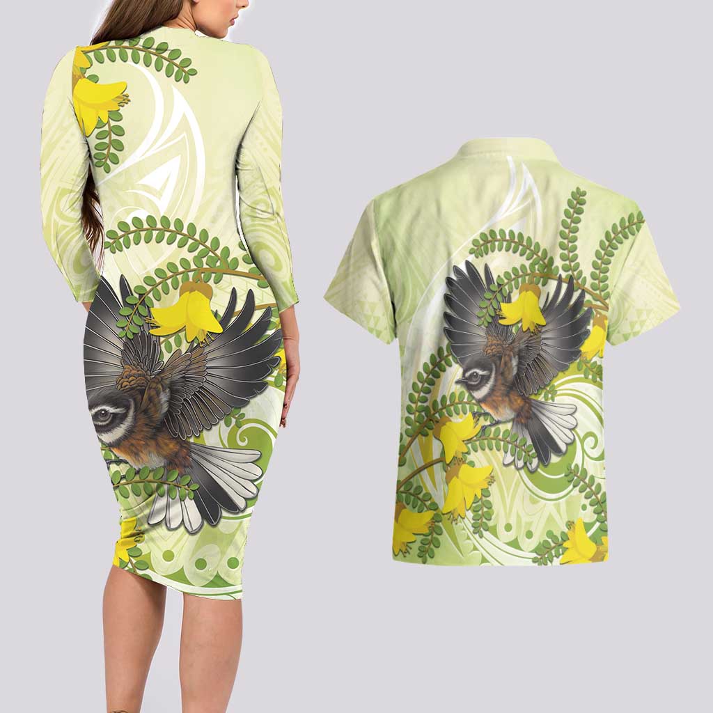 New Zealand Piwakawaka Fantail Bird Couples Matching Long Sleeve Bodycon Dress and Hawaiian Shirt With Kowhai Flowers
