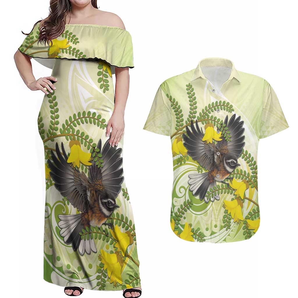 New Zealand Piwakawaka Fantail Bird Couples Matching Off Shoulder Maxi Dress and Hawaiian Shirt With Kowhai Flowers