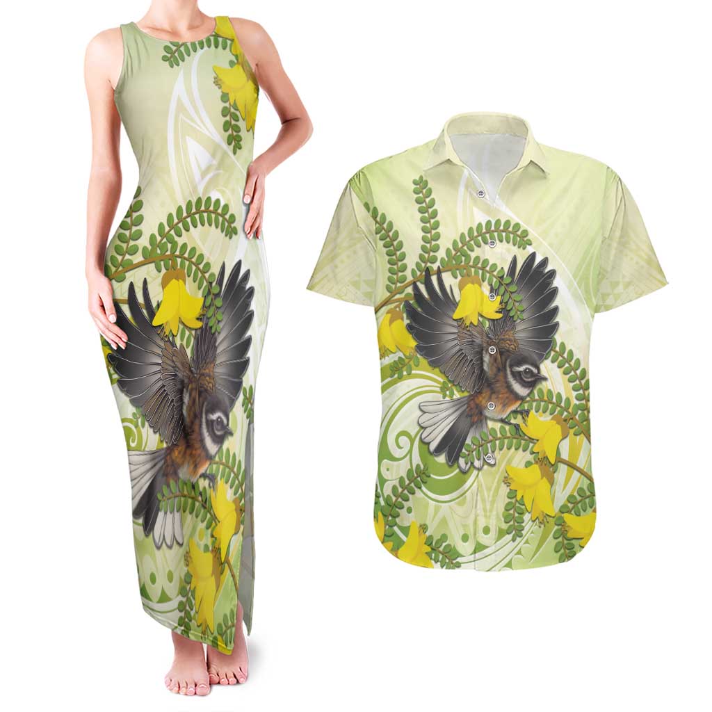New Zealand Piwakawaka Fantail Bird Couples Matching Tank Maxi Dress and Hawaiian Shirt With Kowhai Flowers LT05 Green - Polynesian Pride