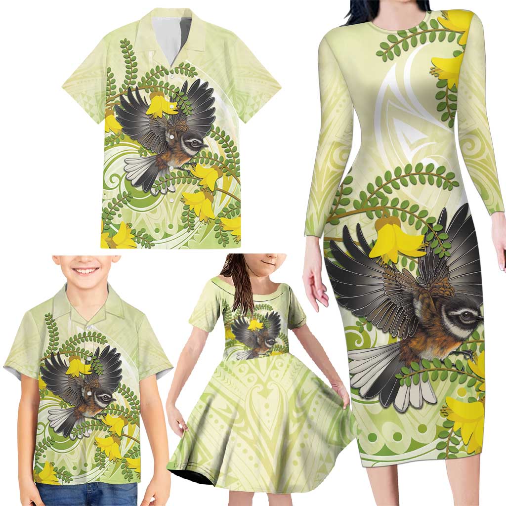 New Zealand Piwakawaka Fantail Bird Family Matching Long Sleeve Bodycon Dress and Hawaiian Shirt With Kowhai Flowers