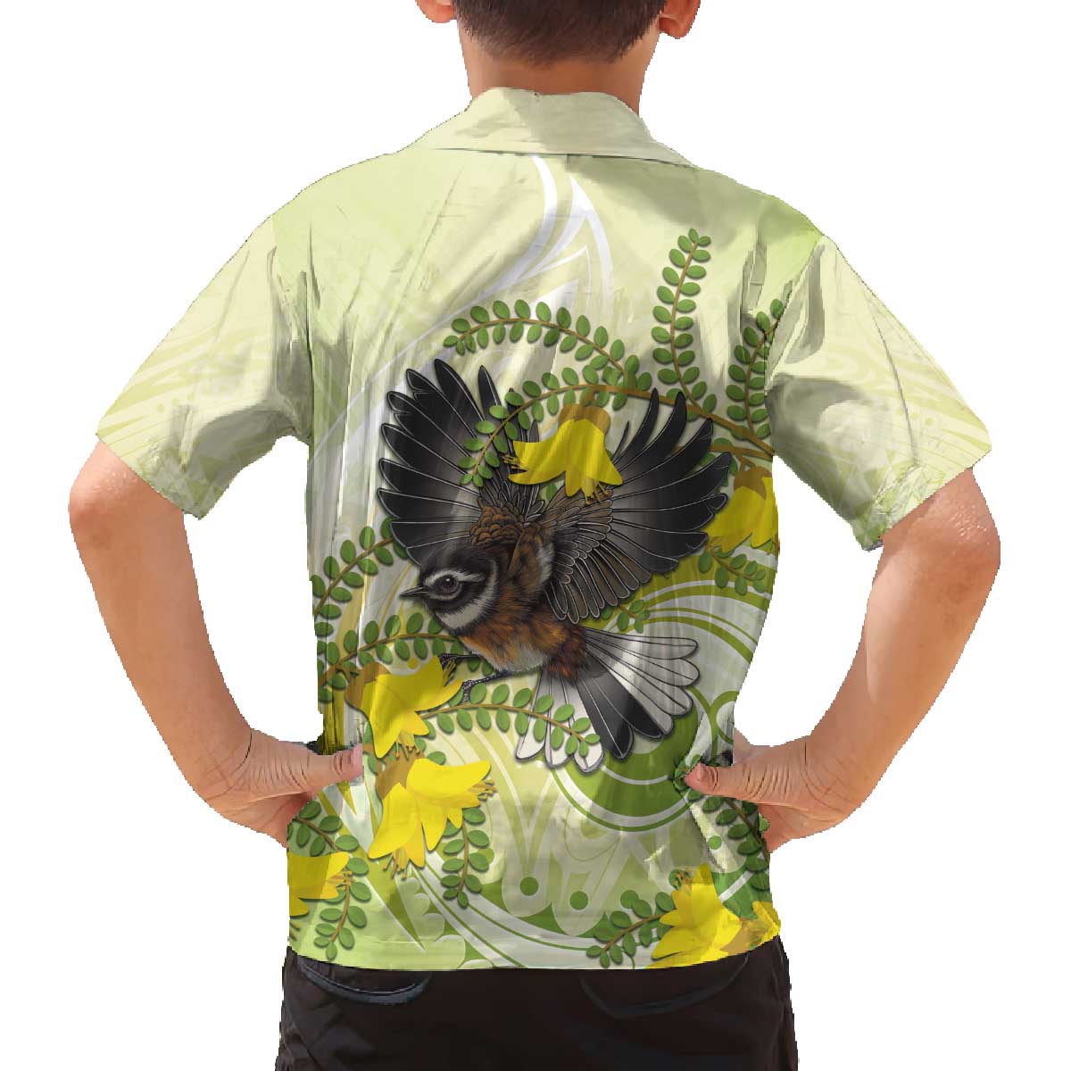 New Zealand Piwakawaka Fantail Bird Family Matching Off The Shoulder Long Sleeve Dress and Hawaiian Shirt With Kowhai Flowers