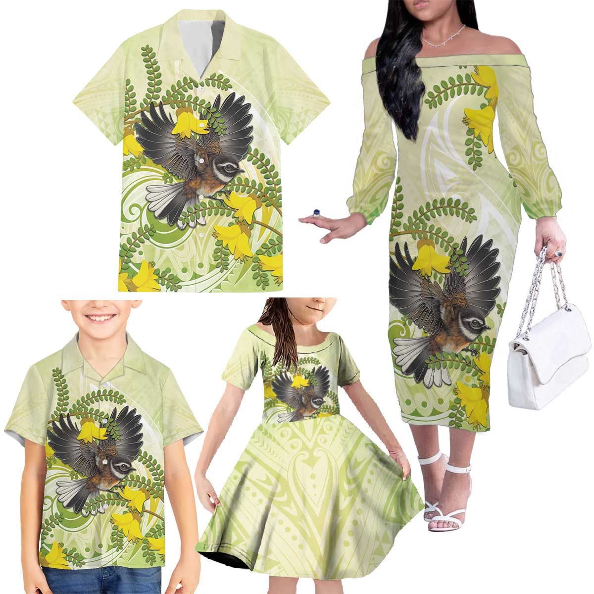 New Zealand Piwakawaka Fantail Bird Family Matching Off The Shoulder Long Sleeve Dress and Hawaiian Shirt With Kowhai Flowers