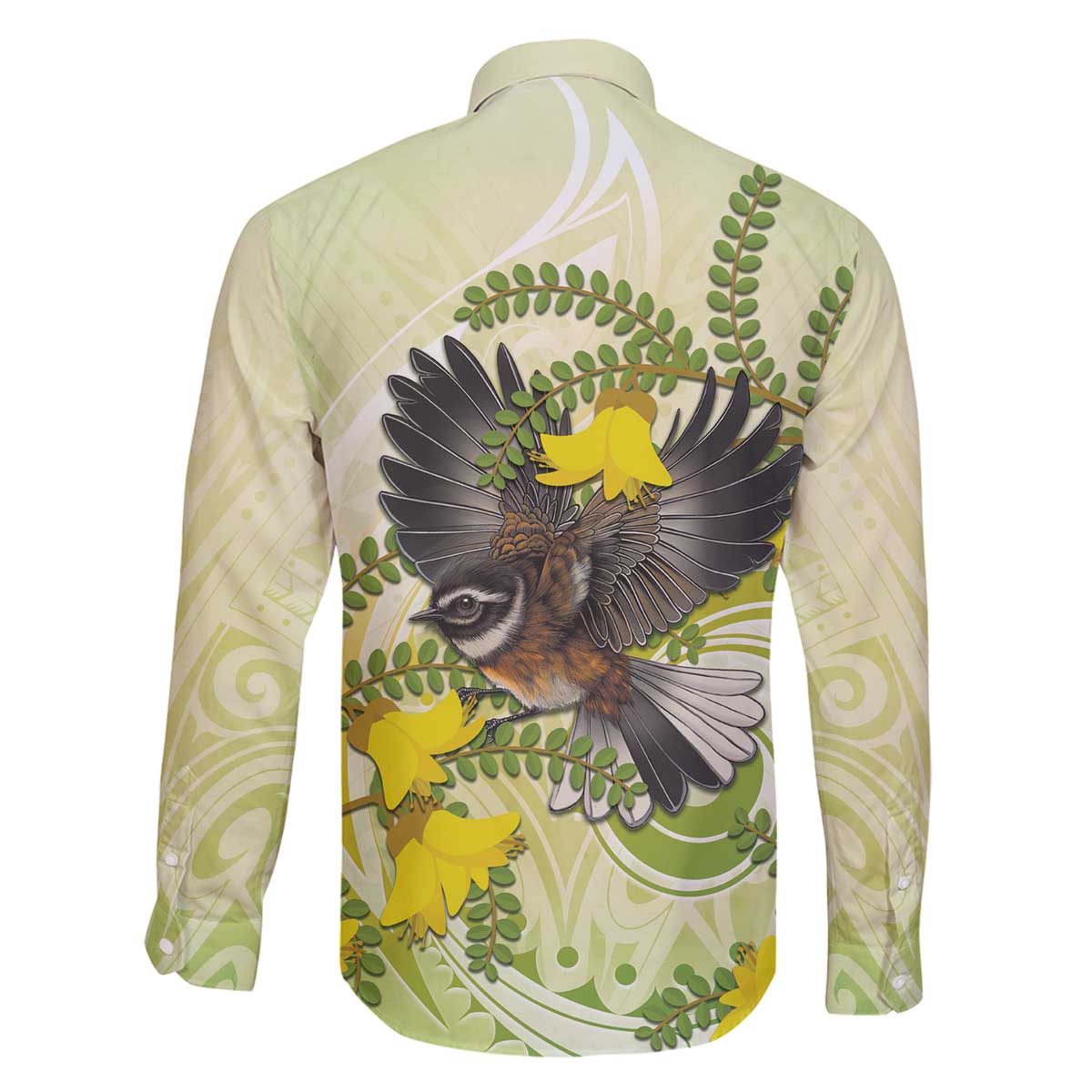 New Zealand Piwakawaka Fantail Bird Family Matching Off The Shoulder Long Sleeve Dress and Hawaiian Shirt With Kowhai Flowers