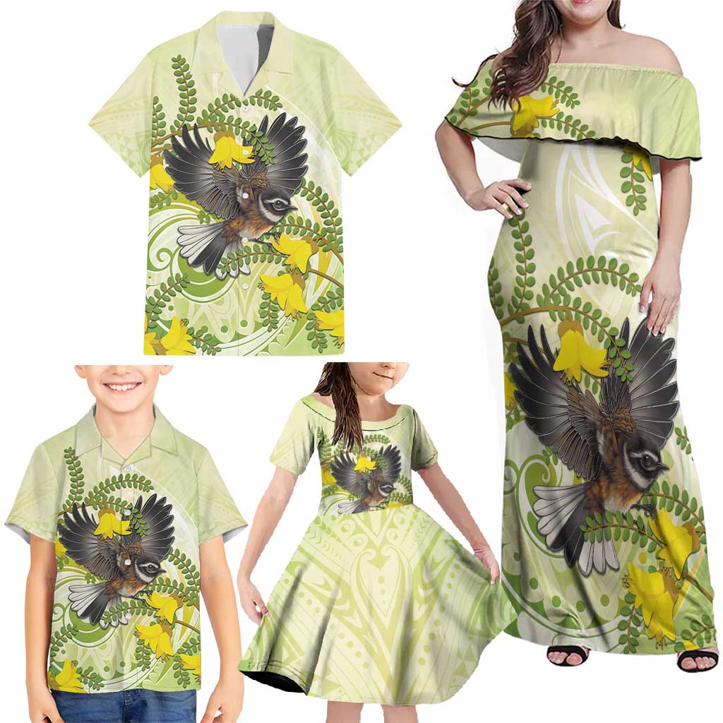 New Zealand Piwakawaka Fantail Bird Family Matching Off Shoulder Maxi Dress and Hawaiian Shirt With Kowhai Flowers