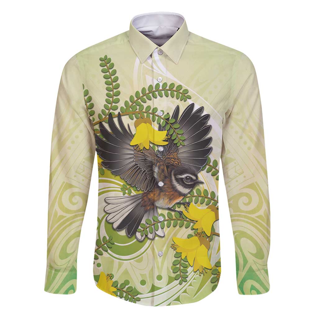 New Zealand Piwakawaka Fantail Bird Family Matching Tank Maxi Dress and Hawaiian Shirt With Kowhai Flowers
