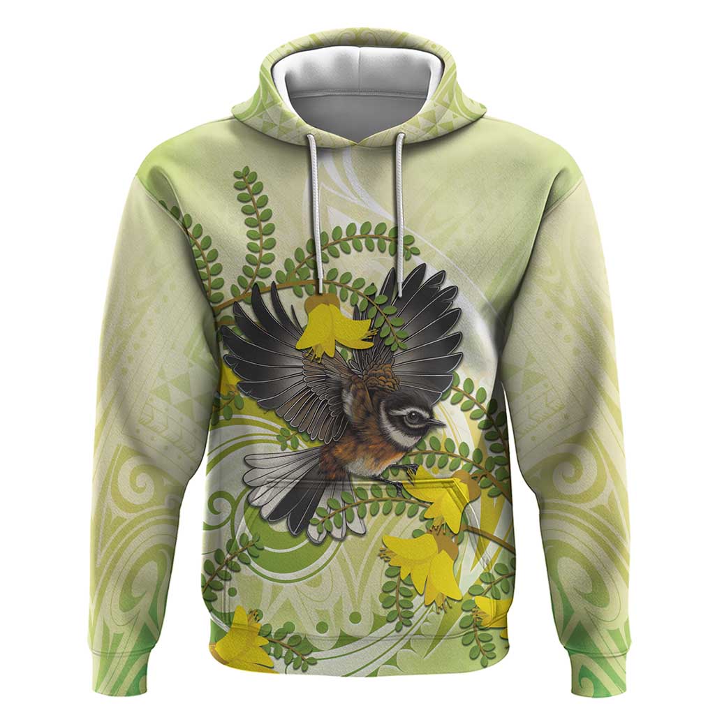 New Zealand Piwakawaka Fantail Bird Hoodie With Kowhai Flowers