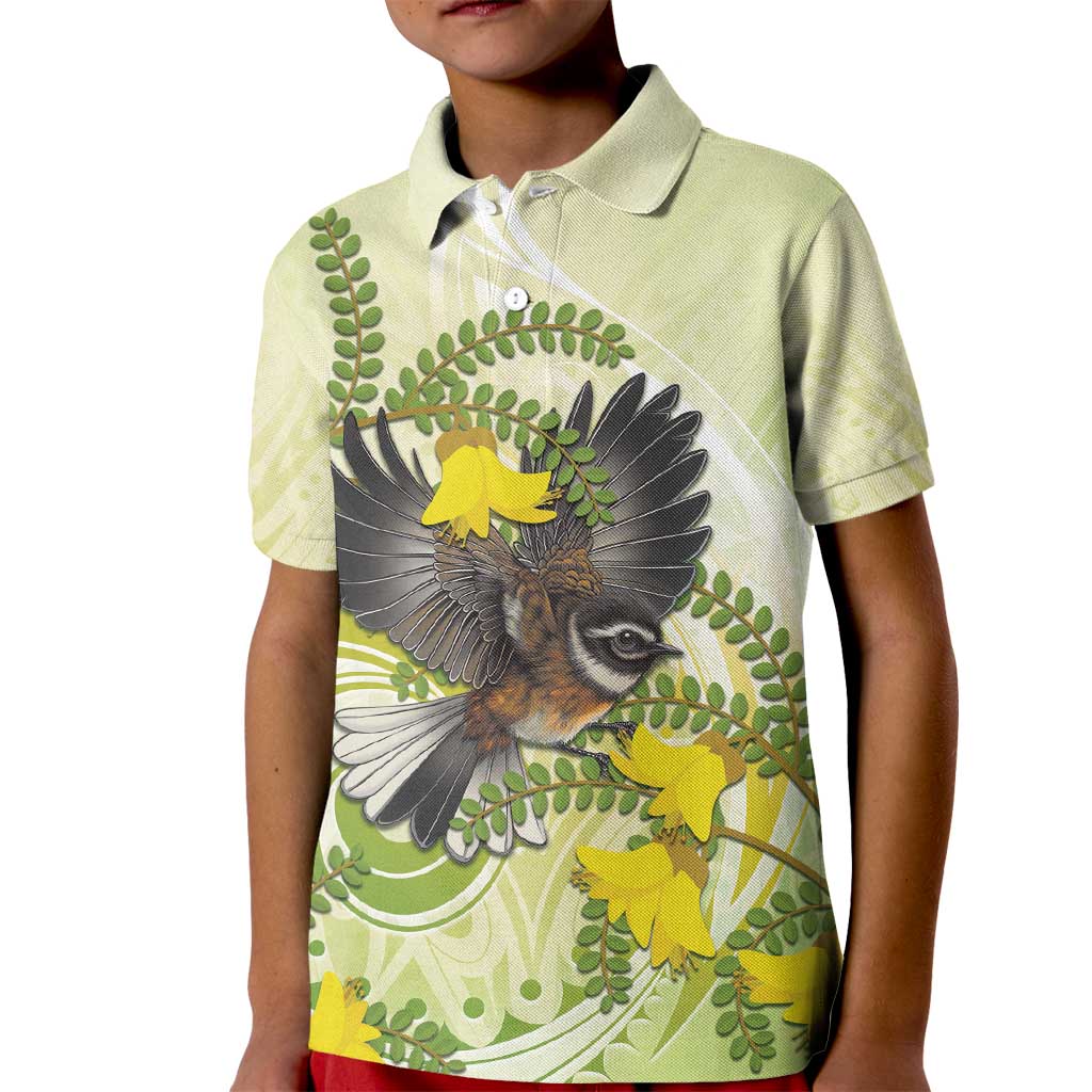 New Zealand Piwakawaka Fantail Bird Kid Polo Shirt With Kowhai Flowers