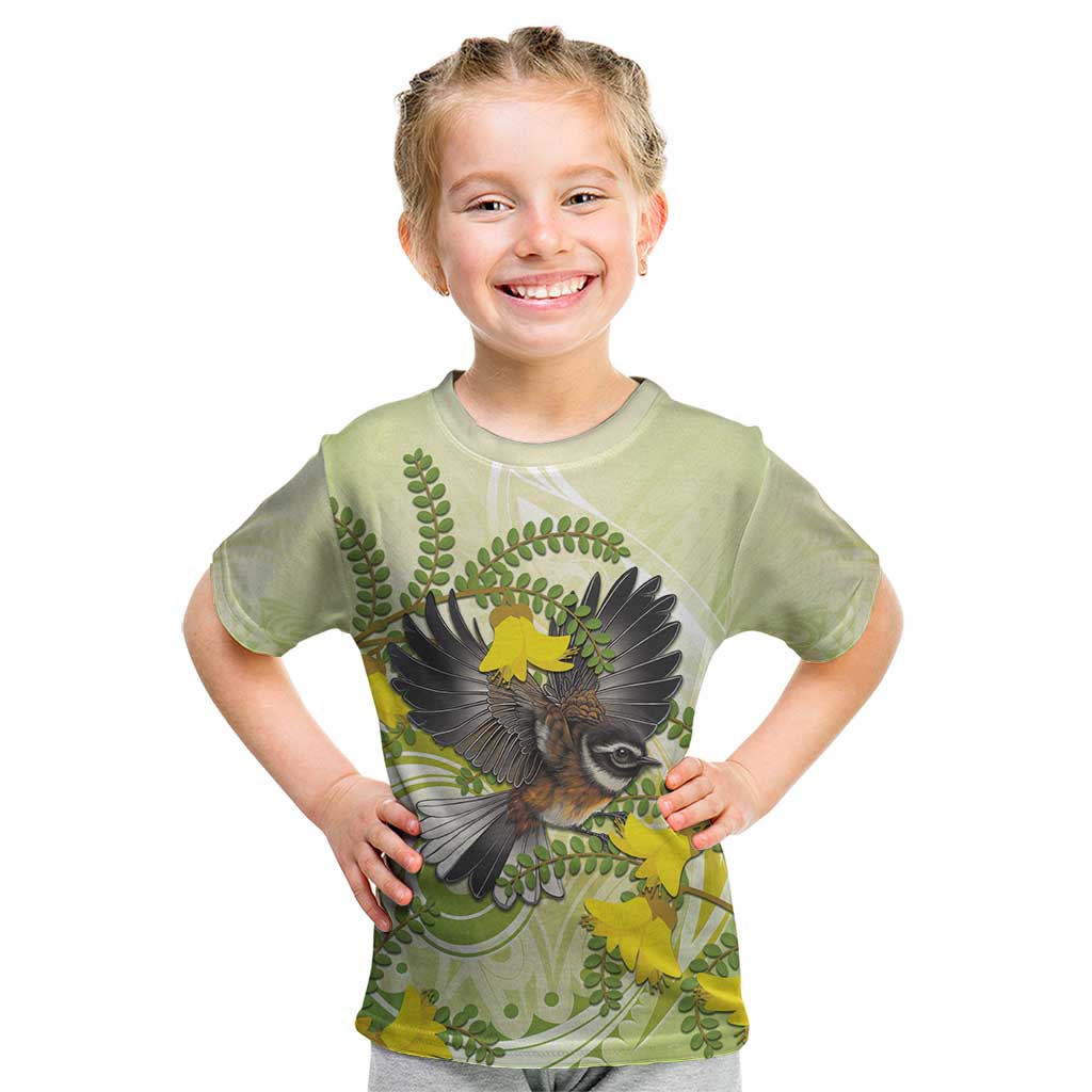 New Zealand Piwakawaka Fantail Bird Kid T Shirt With Kowhai Flowers