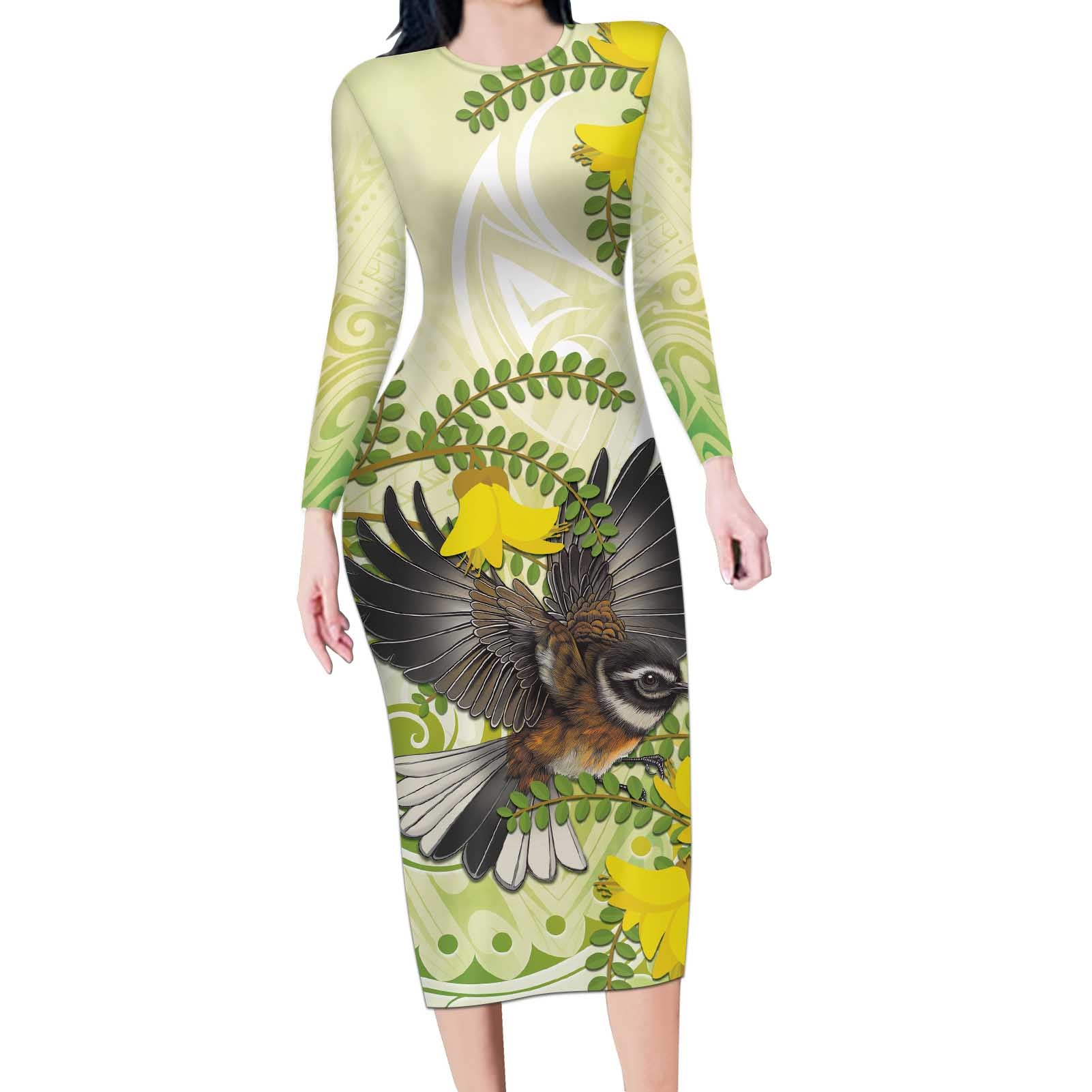 New Zealand Piwakawaka Fantail Bird Long Sleeve Bodycon Dress With Kowhai Flowers