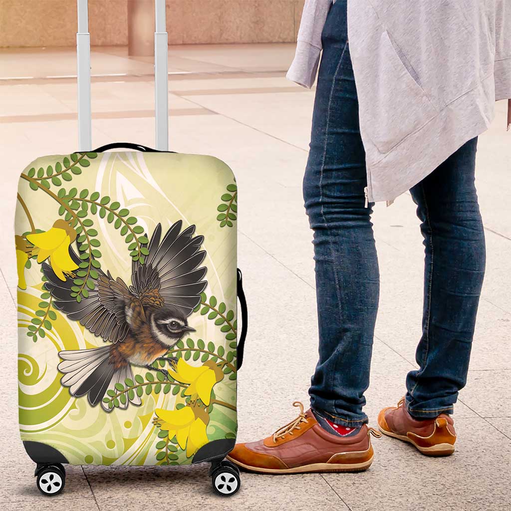 New Zealand Piwakawaka Fantail Bird Luggage Cover With Kowhai Flowers