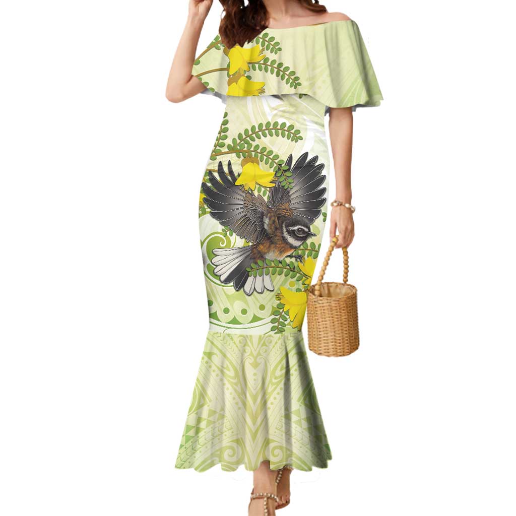 New Zealand Piwakawaka Fantail Bird Mermaid Dress With Kowhai Flowers