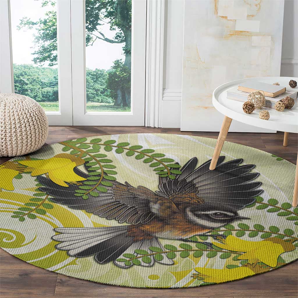 New Zealand Piwakawaka Fantail Bird Round Carpet With Kowhai Flowers