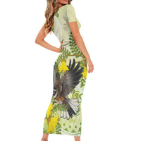 New Zealand Piwakawaka Fantail Bird Short Sleeve Bodycon Dress With Kowhai Flowers