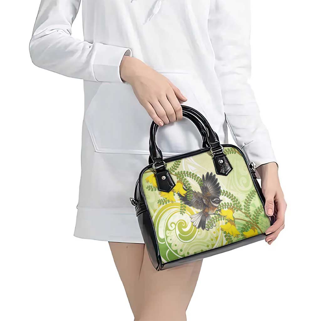 New Zealand Piwakawaka Fantail Bird Shoulder Handbag With Kowhai Flowers