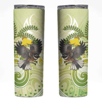 New Zealand Piwakawaka Fantail Bird Skinny Tumbler With Kowhai Flowers