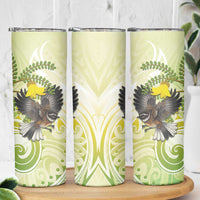 New Zealand Piwakawaka Fantail Bird Skinny Tumbler With Kowhai Flowers
