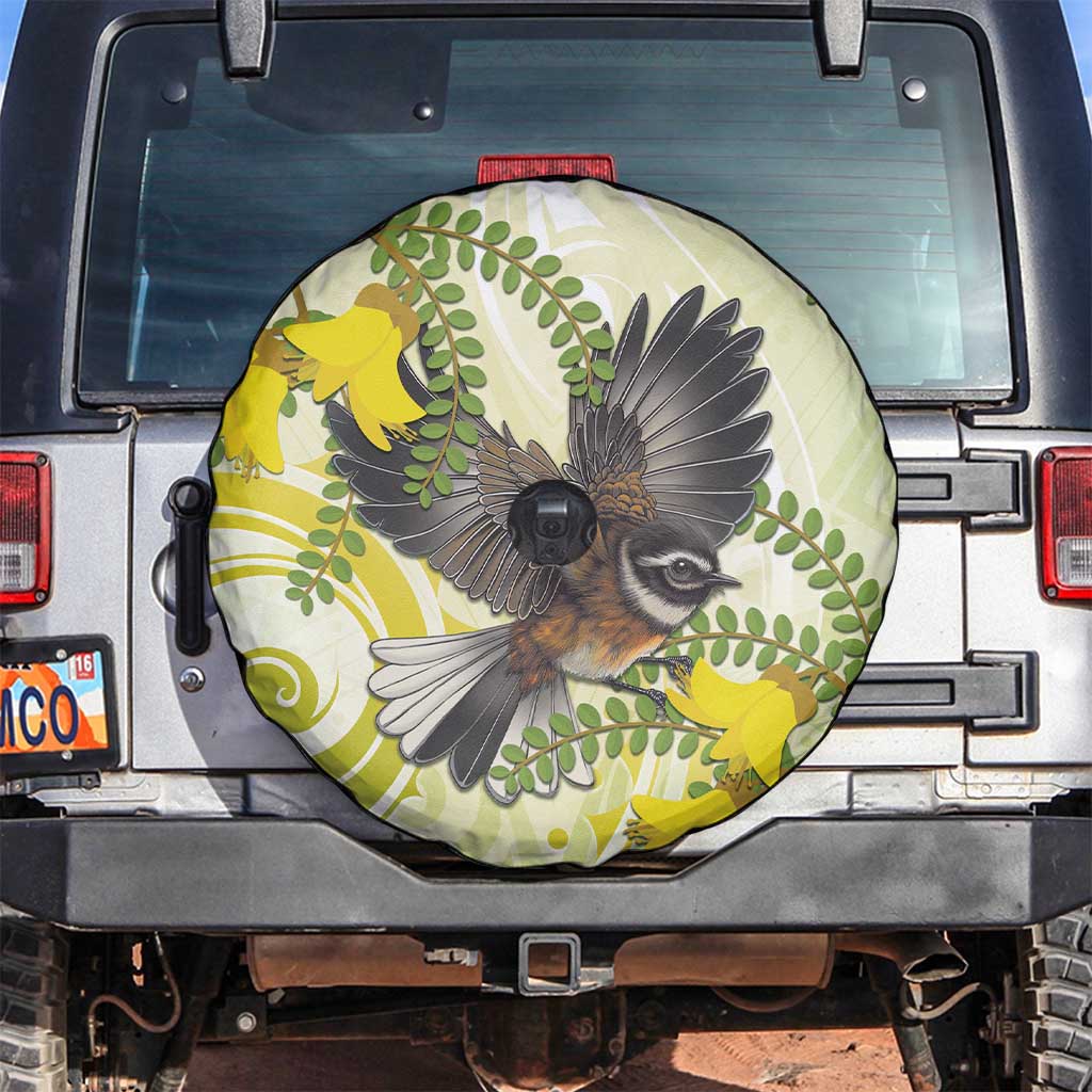 New Zealand Piwakawaka Fantail Bird Spare Tire Cover With Kowhai Flowers