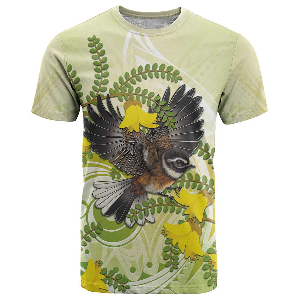 New Zealand Piwakawaka Fantail Bird T Shirt With Kowhai Flowers