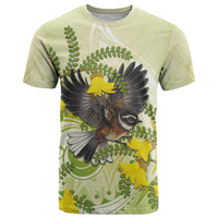 New Zealand Piwakawaka Fantail Bird T Shirt With Kowhai Flowers