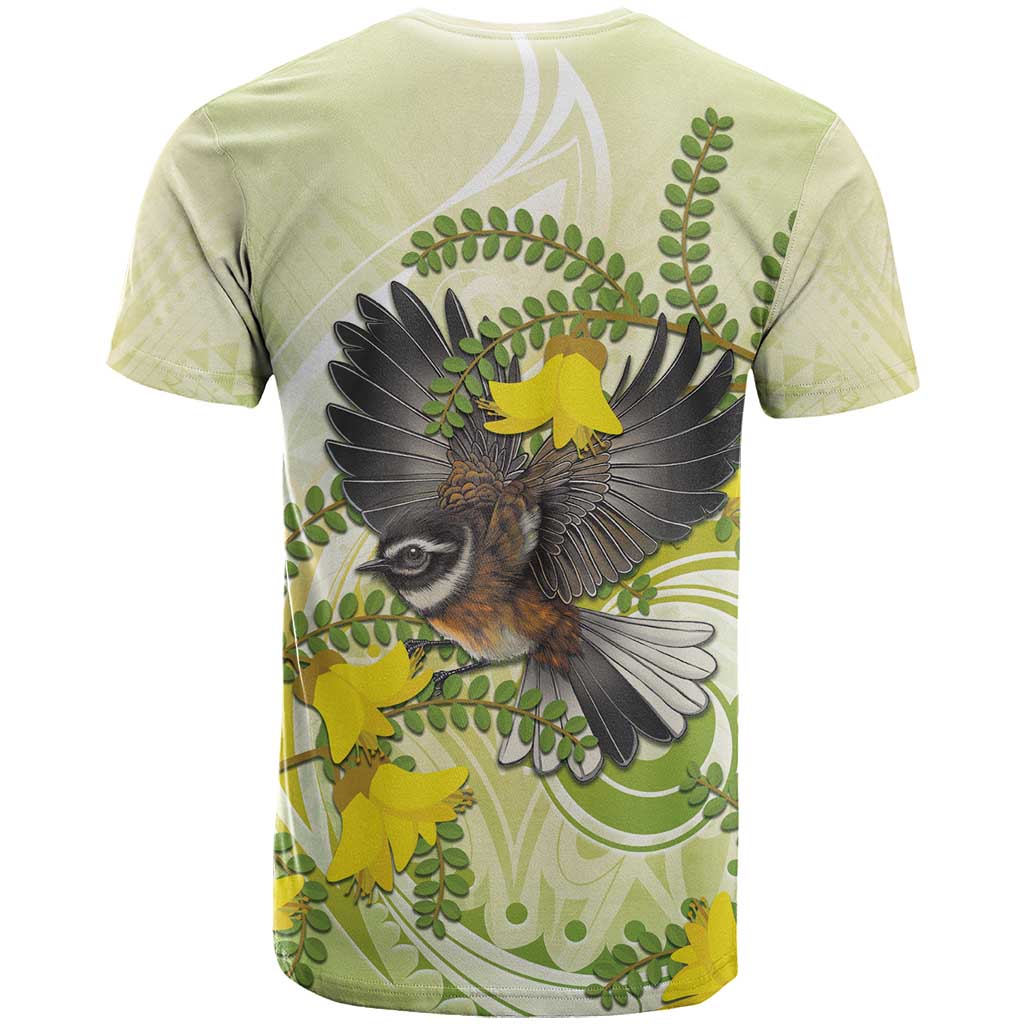 New Zealand Piwakawaka Fantail Bird T Shirt With Kowhai Flowers