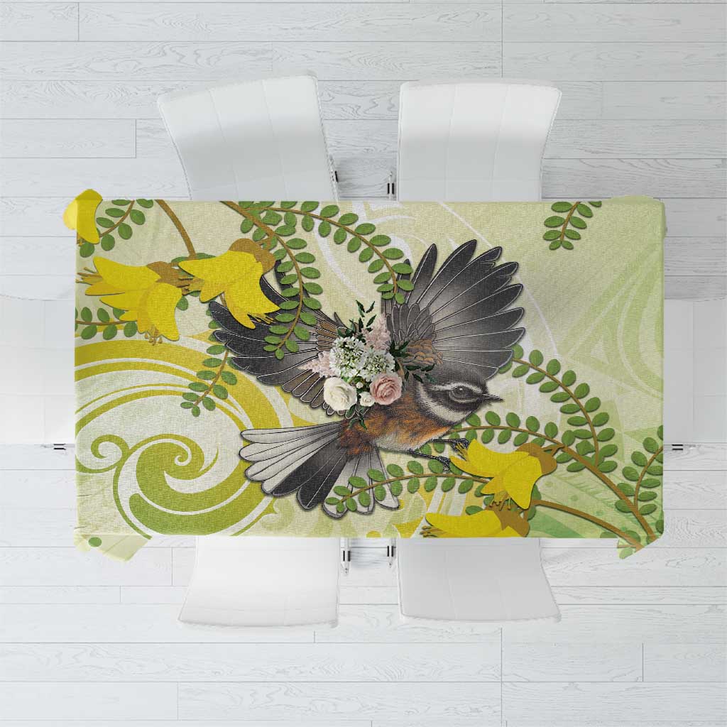 New Zealand Piwakawaka Fantail Bird Tablecloth With Kowhai Flowers LT05 Green - Polynesian Pride