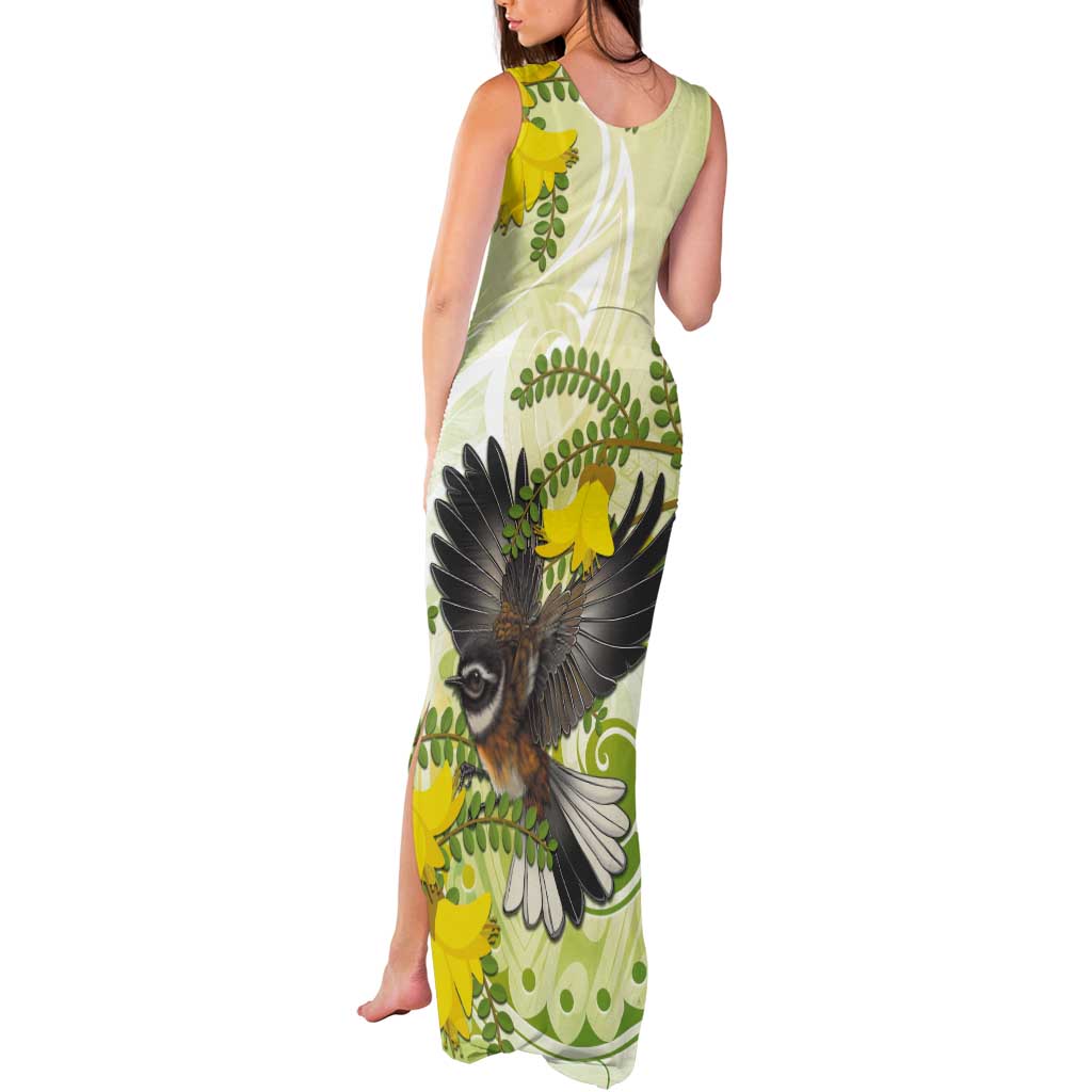 New Zealand Piwakawaka Fantail Bird Tank Maxi Dress With Kowhai Flowers