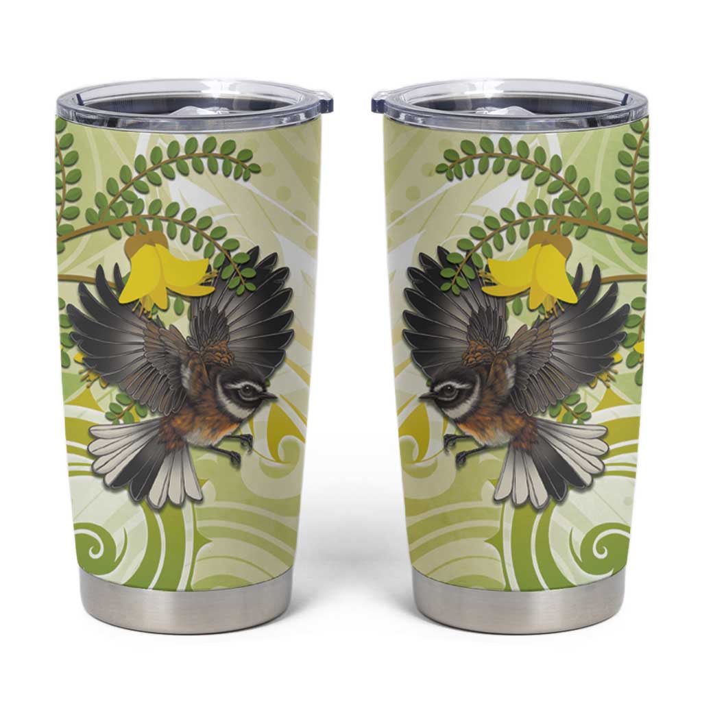 New Zealand Piwakawaka Fantail Bird Tumbler Cup With Kowhai Flowers LT05 Green - Polynesian Pride