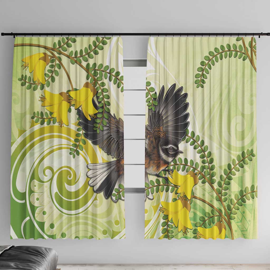 New Zealand Piwakawaka Fantail Bird Window Curtain With Kowhai Flowers