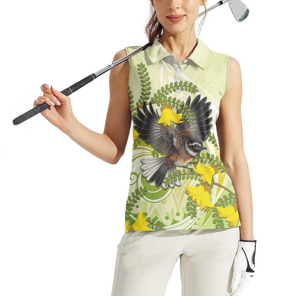 New Zealand Piwakawaka Fantail Bird Women Sleeveless Polo Shirt With Kowhai Flowers