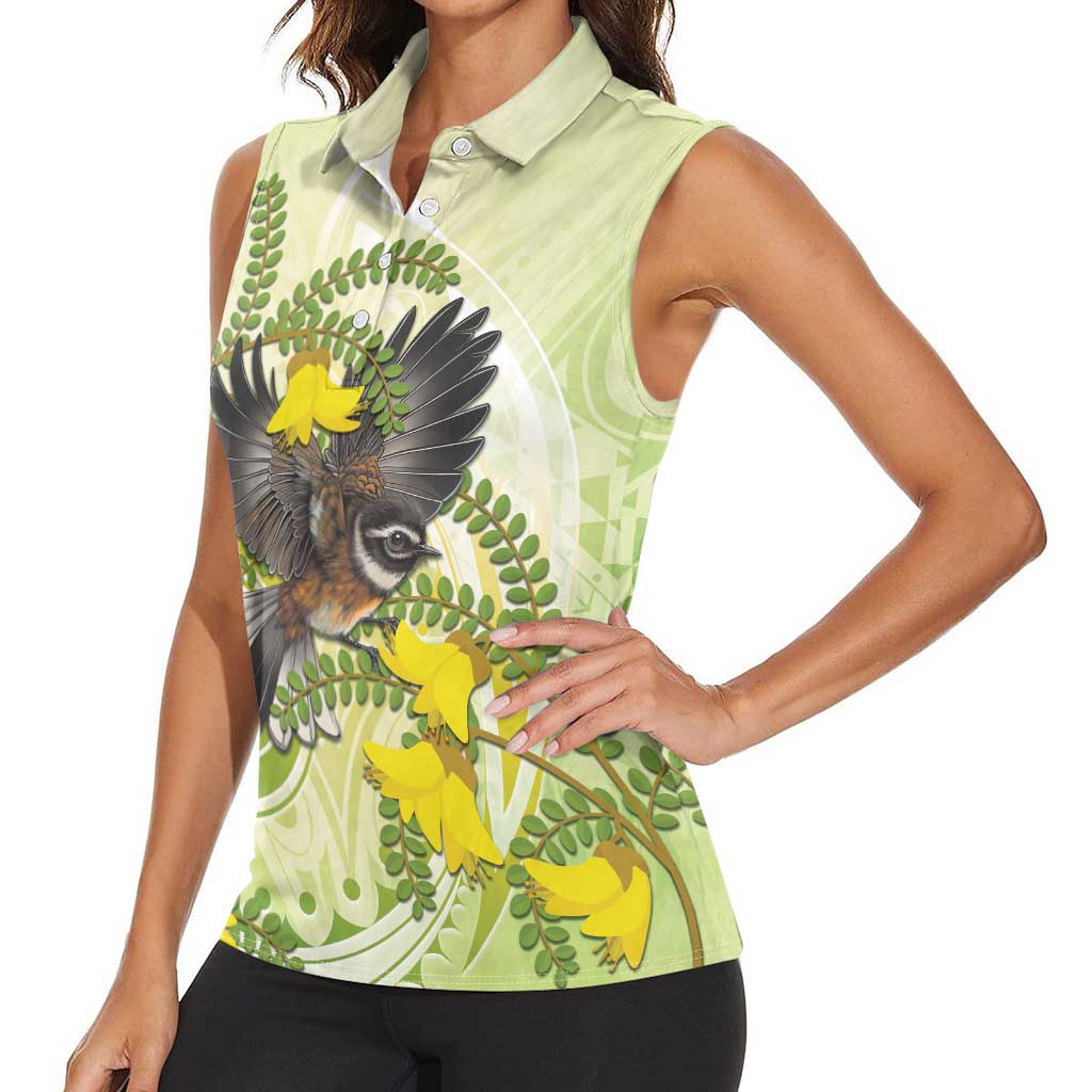 New Zealand Piwakawaka Fantail Bird Women Sleeveless Polo Shirt With Kowhai Flowers