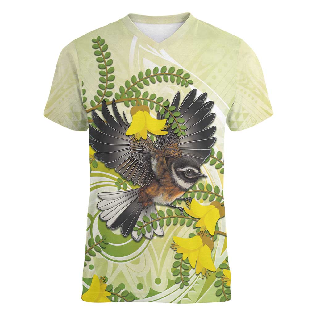 New Zealand Piwakawaka Fantail Bird Women V-Neck T-Shirt With Kowhai Flowers
