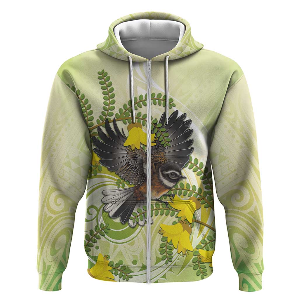 New Zealand Piwakawaka Fantail Bird Zip Hoodie With Kowhai Flowers