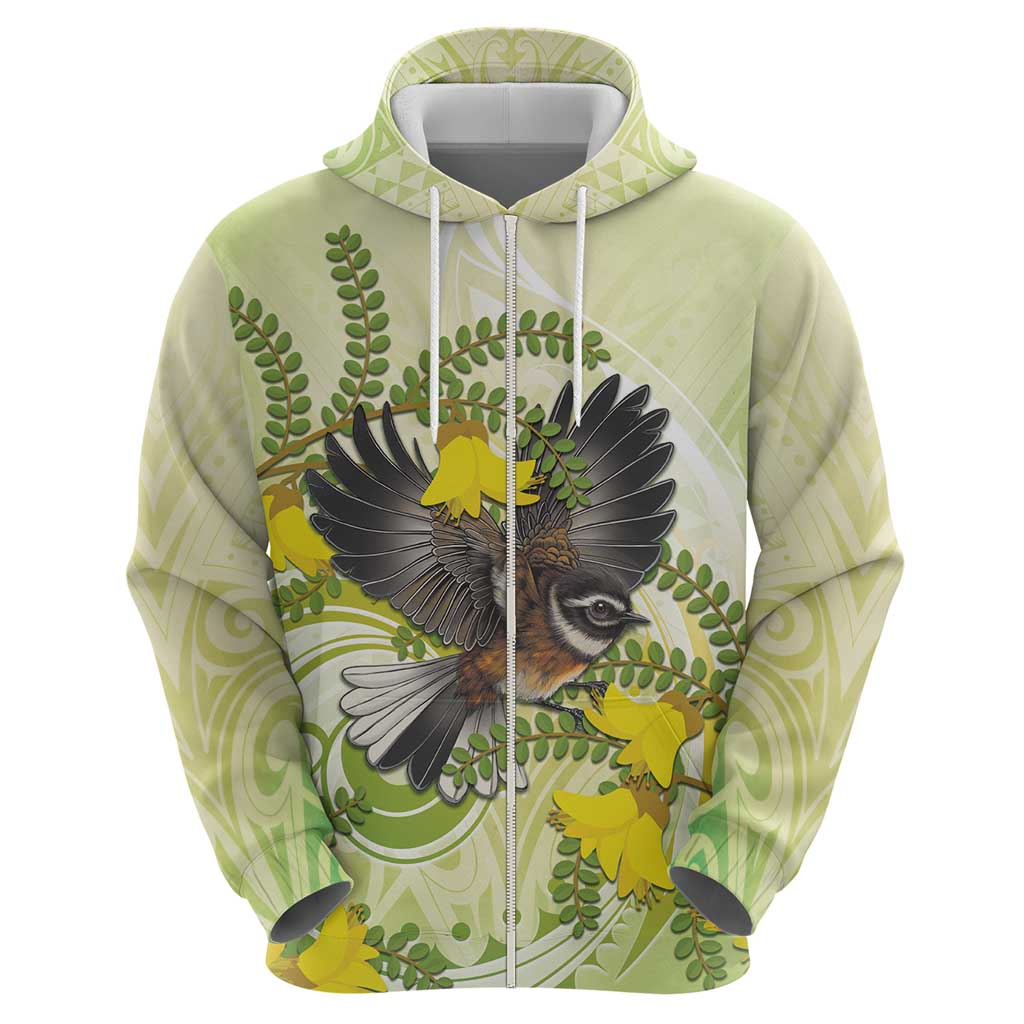 New Zealand Piwakawaka Fantail Bird Zip Hoodie With Kowhai Flowers