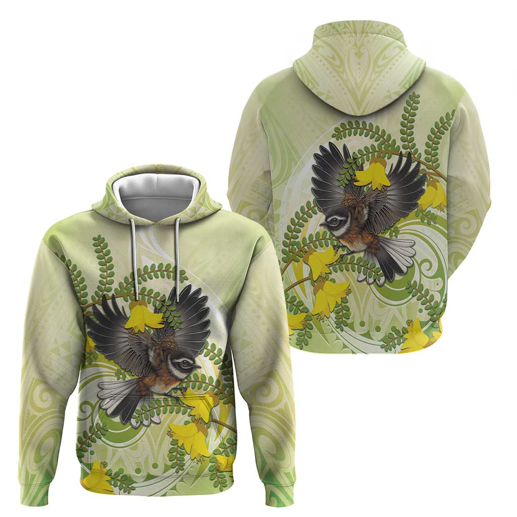 New Zealand Piwakawaka Fantail Bird Zip Hoodie With Kowhai Flowers