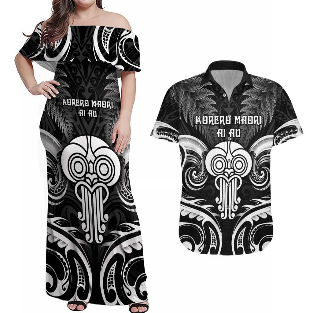 New Zealand Te Reo Maori Couples Matching Off Shoulder Maxi Dress and Hawaiian Shirt Korero Maori Ai Au