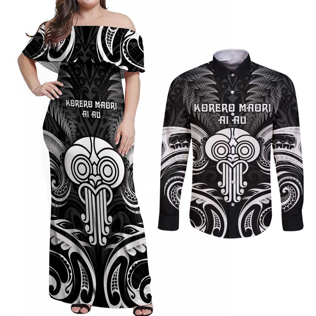 New Zealand Te Reo Maori Couples Matching Off Shoulder Maxi Dress and Long Sleeve Button Shirt Korero Maori Ai Au